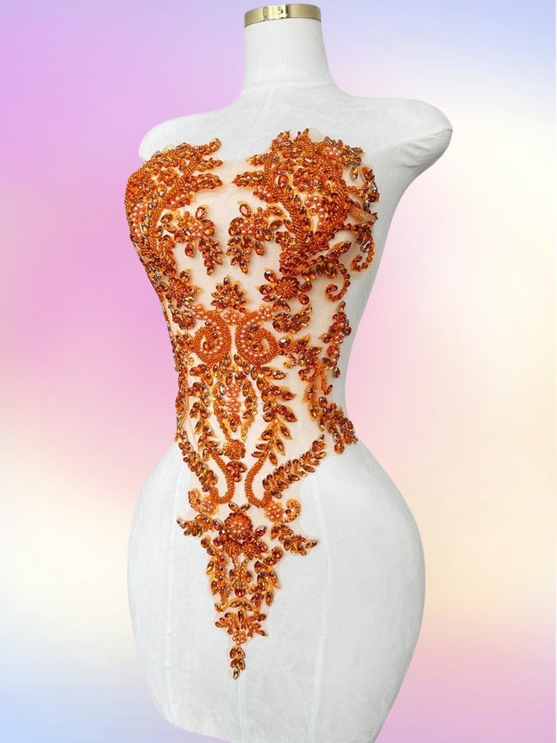 ArtistryXB Handmade Rhinestones Lace Bodice Applique Sew on Beads Sequins Trimming Patches for Dress Clothing Accessories 1Pcs/Bag (Orange) - Image 3